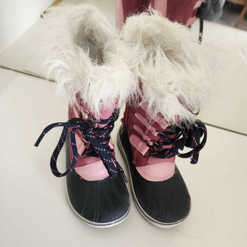 Ozark Trail Girls Pink Black Winter Snow Boots Faux Fur Lined Lace Up Zip US 7